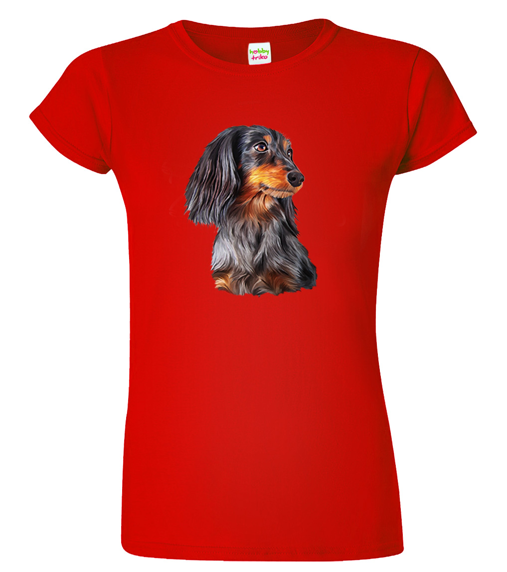 Dámské tričko s jezevčíkem - Jezevčík dlouhosrstý Velikost: M, Barva: Červená (07), Střih: dámský