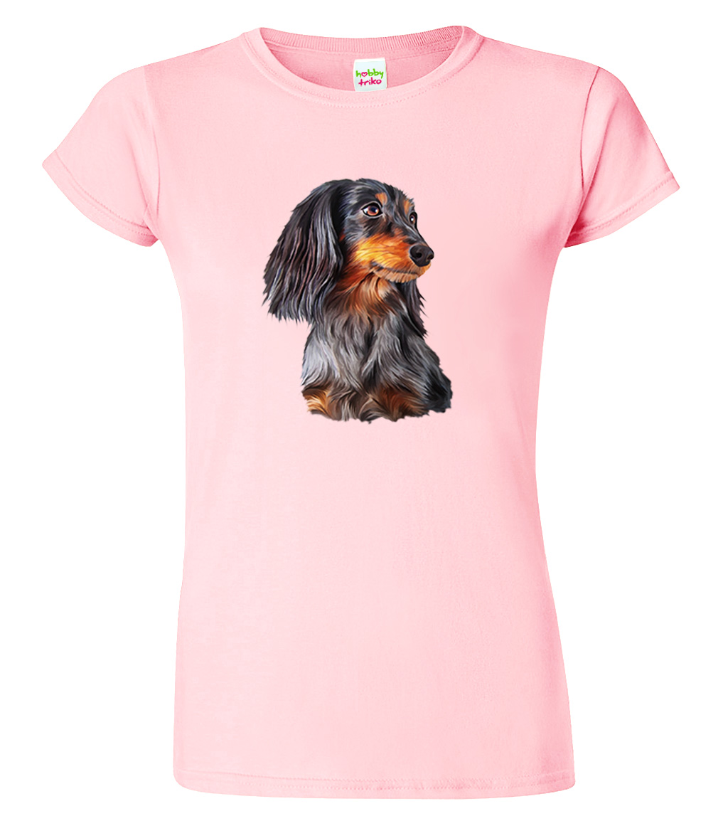 Dámské tričko s jezevčíkem - Jezevčík dlouhosrstý Velikost: XL, Barva: Růžová (30), Střih: dámský