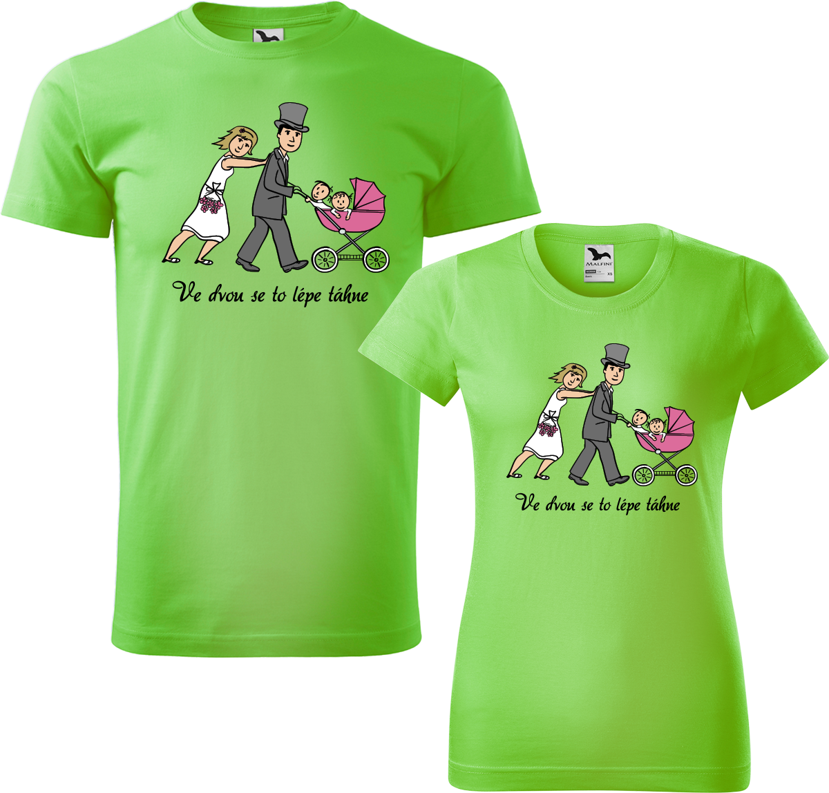 Trička pro páry - Ve dvou se to lépe táhne (kočárek) Barva: Apple Green (92), Velikost dámské tričko: S, Velikost pánské tričko: XL