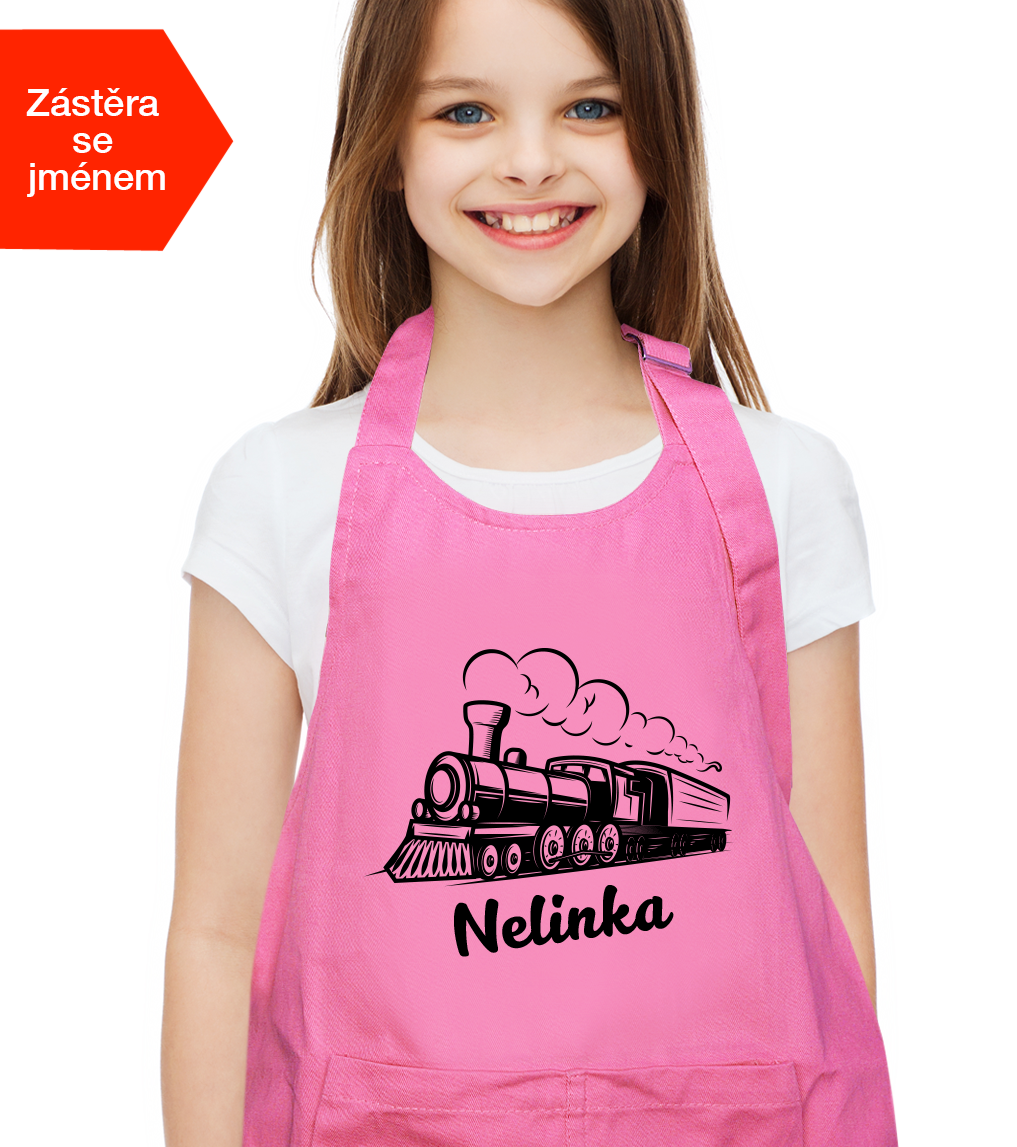 Dětská zástěra na vaření se jménem - Parní lokomotiva Barva: Růžová (Light Pink)