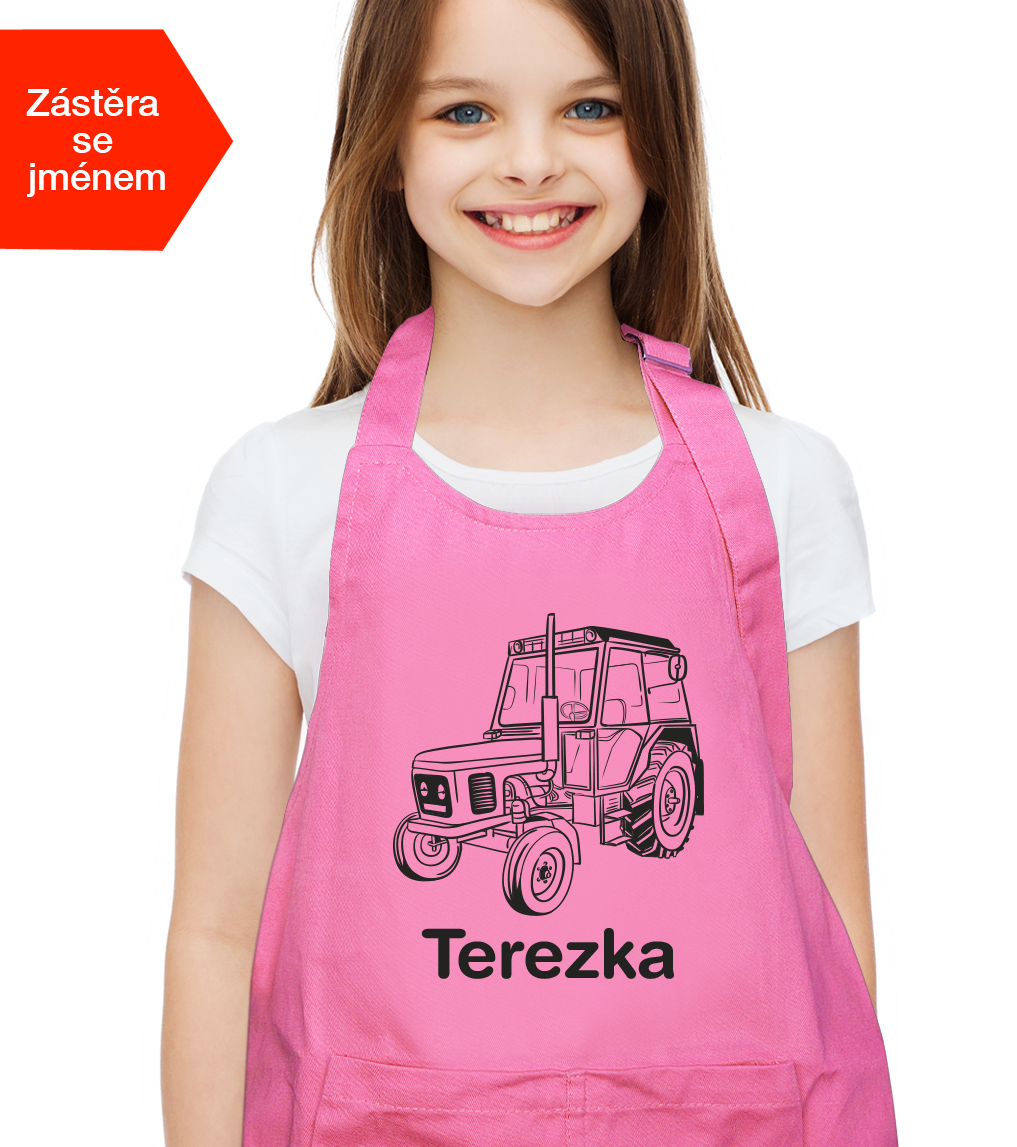 Dětská zástěra na vaření se jménem - Český traktor Barva: Růžová (Dark Pink)