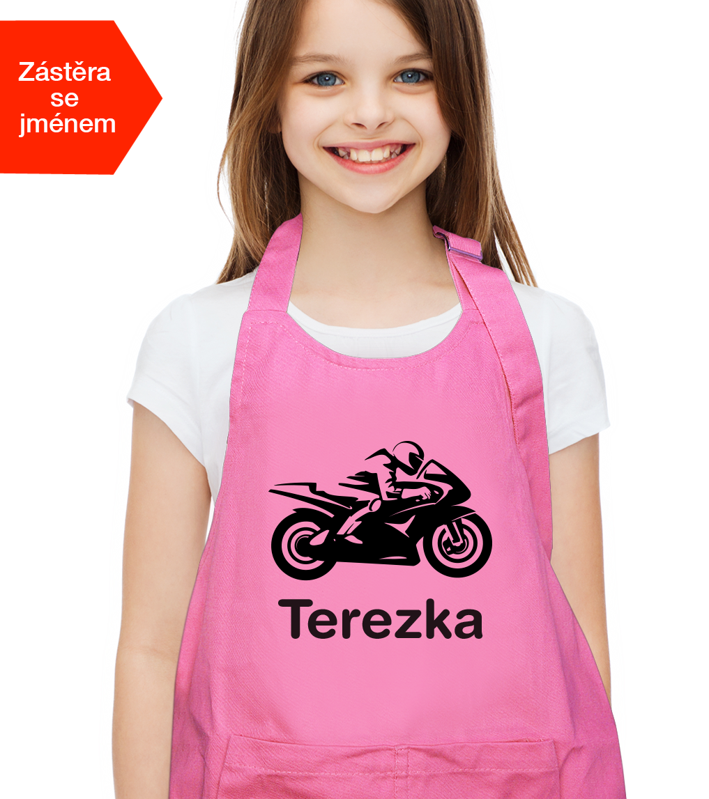 Dětská zástěra na vaření se jménem - Motorka Barva: Růžová (Dark Pink)