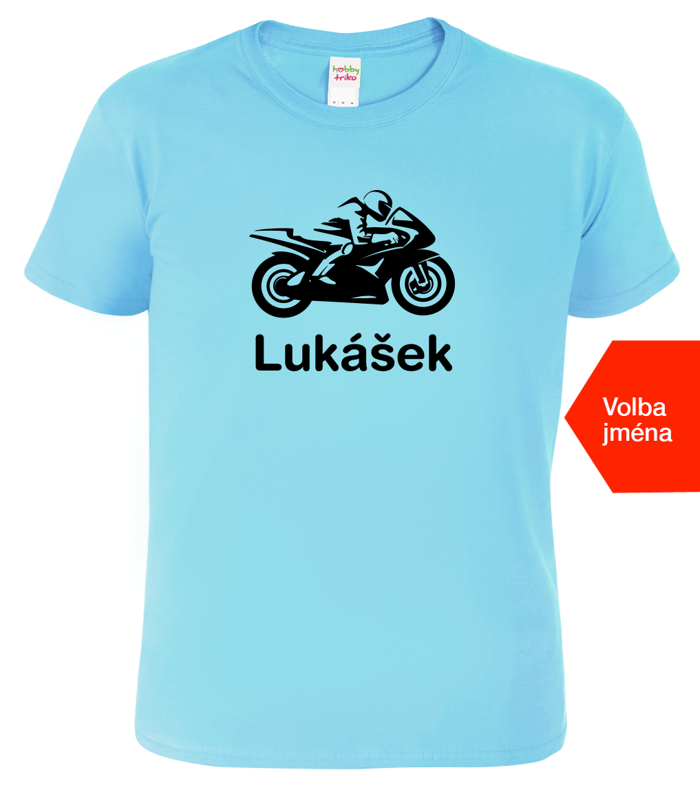 Dětské tričko s motorkou a jménem - Motorka Velikost: 8 let / 134 cm, Barva: Nebesky modrá (15)