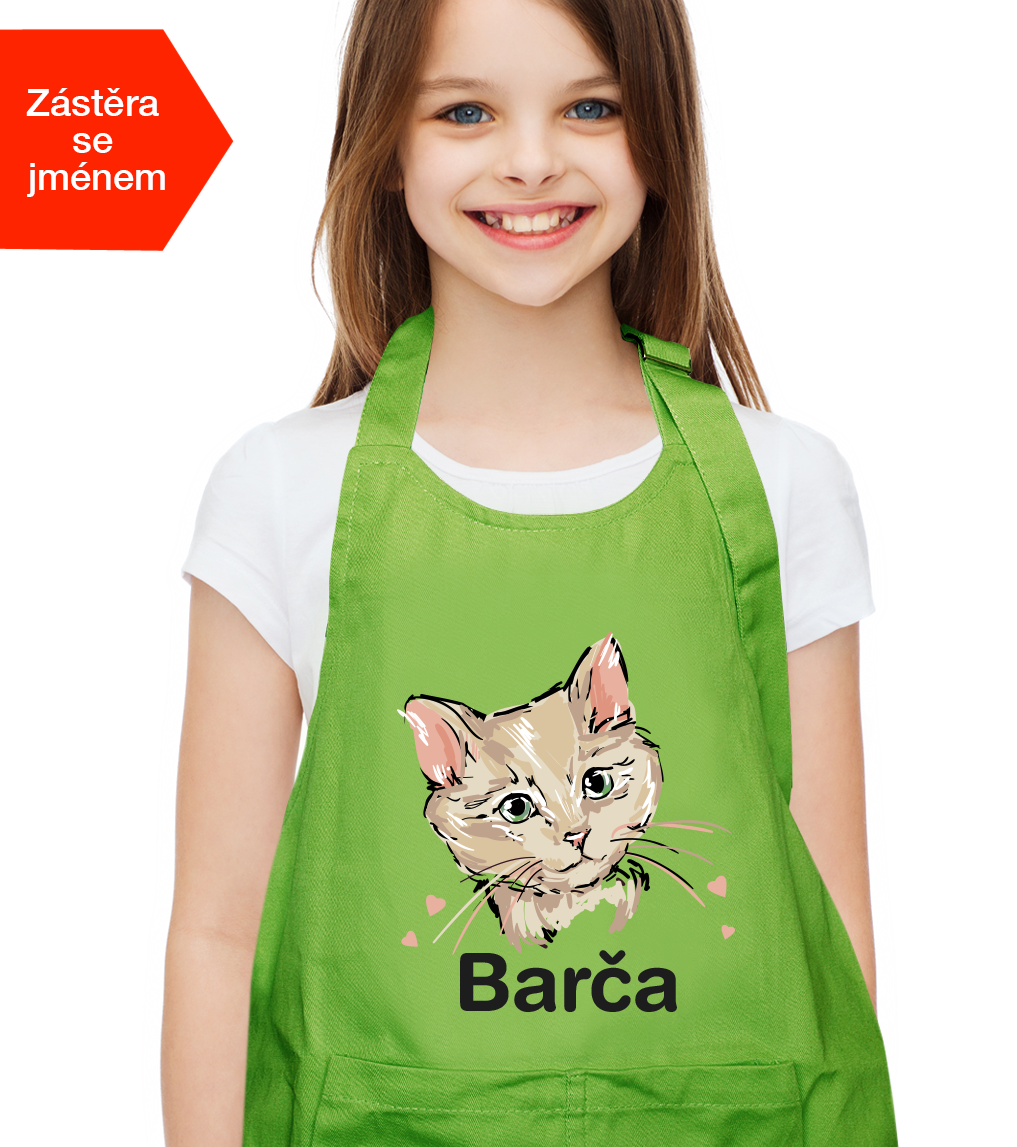 Dětská zástěra na vaření se jménem - Malovaná kočička Barva: Limetková