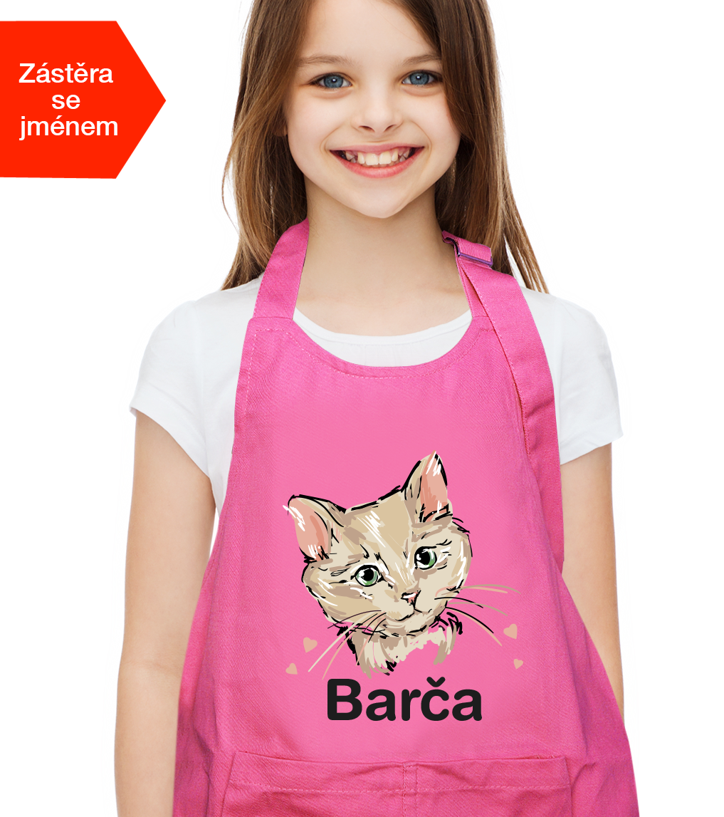 Dětská zástěra na vaření se jménem - Malovaná kočička Barva: Růžová (Light Pink)