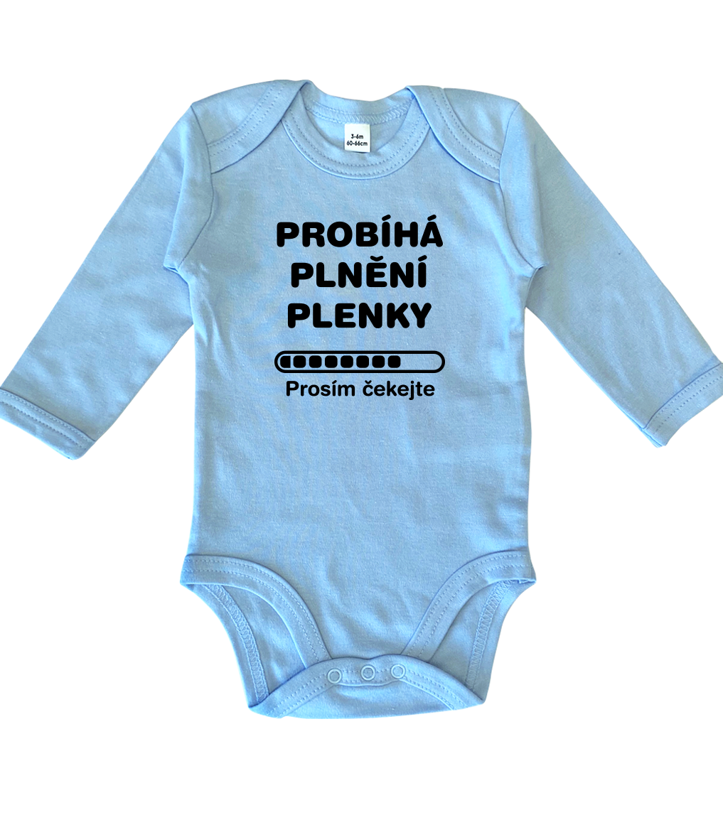 Vtipné body pro miminko - Probíhá plnění plenky Velikost: 0-3 m, Barva: Bledě modrá, Délka rukávu: Dlouhý rukáv