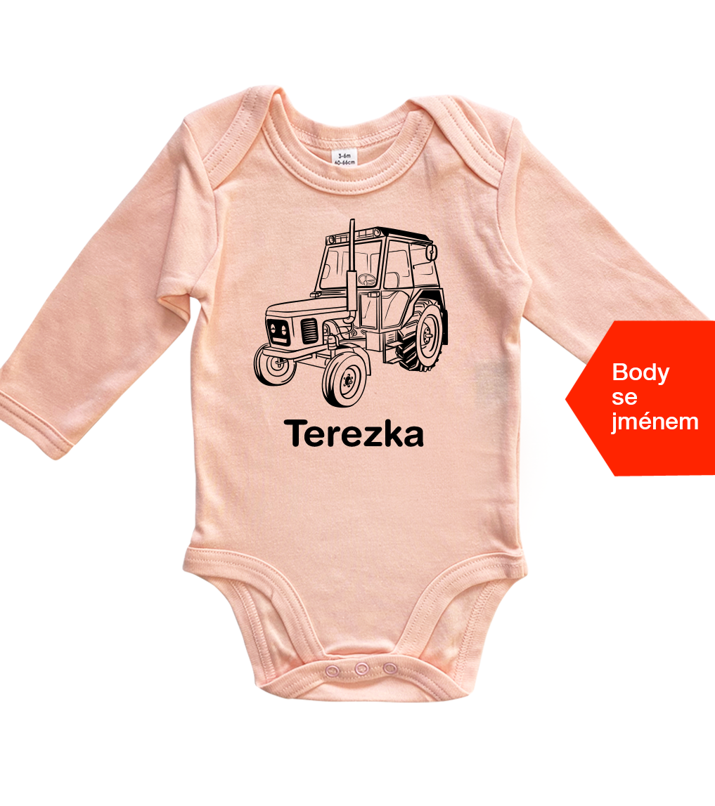 Dětské body se jménem - Český traktor Velikost: 6-12 m, Barva: Světle růžová, Délka rukávu: Dlouhý rukáv