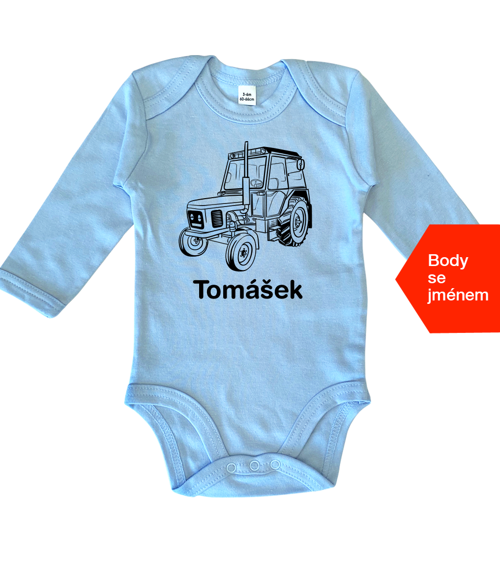 Dětské body se jménem - Český traktor Velikost: 3-6 m, Barva: Bledě modrá, Délka rukávu: Dlouhý rukáv