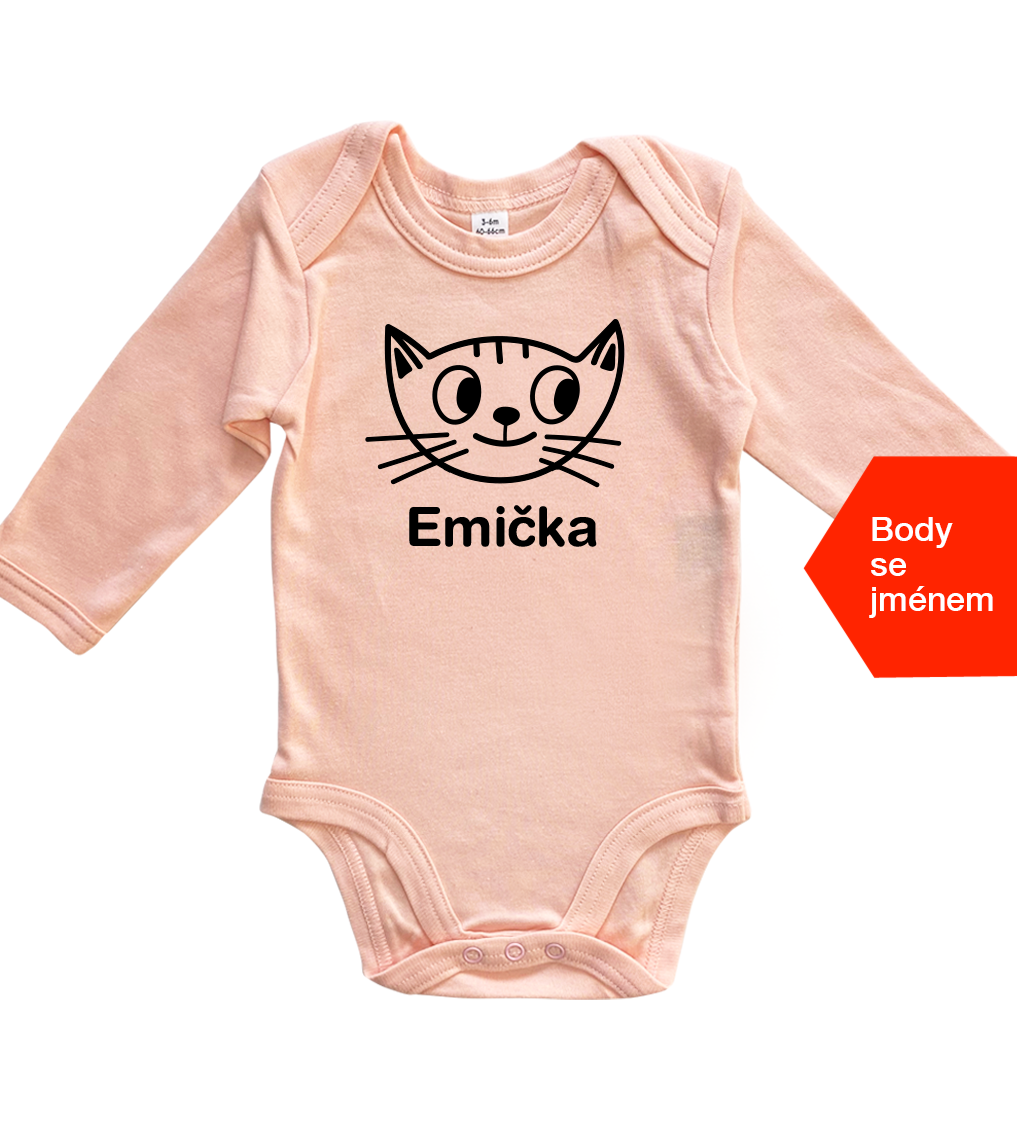 Dětské body se jménem - Kočička Velikost: 3-6 m, Barva: Světle růžová, Délka rukávu: Dlouhý rukáv