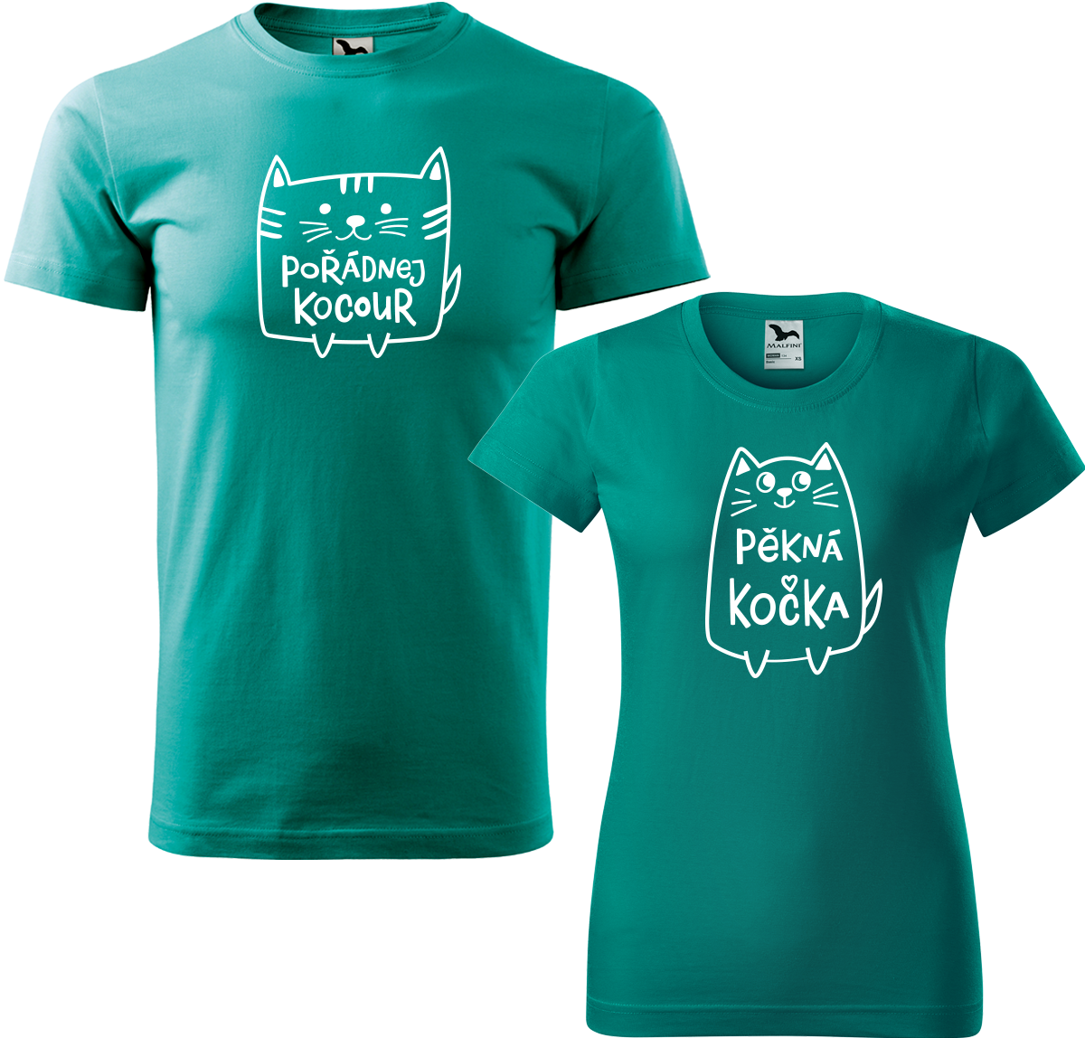 Trička pro páry - Pořádnej kocour a pěkná kočka Barva: Emerald (19), Velikost dámské tričko: M, Velikost pánské tričko: M