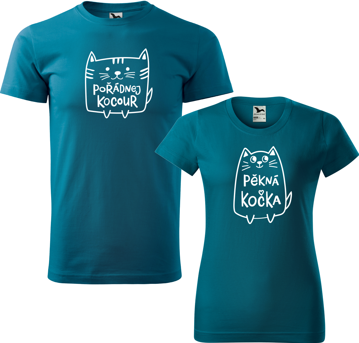Trička pro páry - Pořádnej kocour a pěkná kočka Barva: Petrolejová (93), Velikost dámské tričko: M, Velikost pánské tričko: L