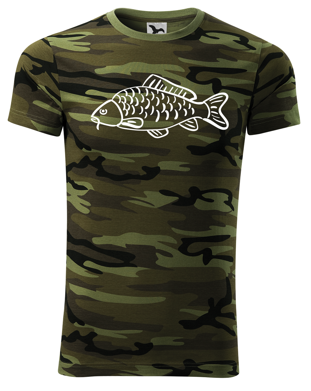 Pánské rybářské maskáčové tričko - Kresba kapra Velikost: S, Barva: Maskáčová