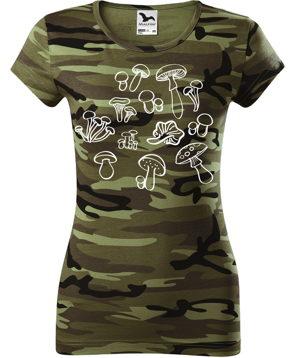 Dámské houbařské maskáčové tričko - Siluety hub Velikost: L, Barva: Maskáčová