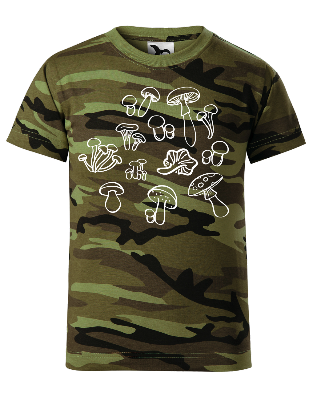 Dětské houbařské maskáčové tričko - Siluety hub Velikost: 8 let / 134 cm, Barva: Maskáčová