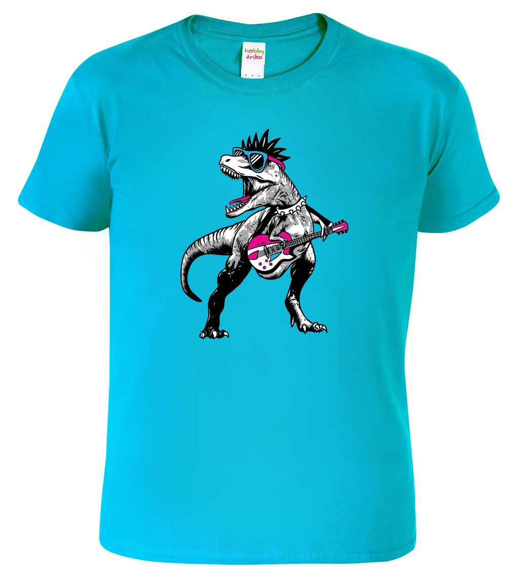 Dětské tričko s dinosaurem - Dinosaurus s kytarou Velikost: 8 let / 134 cm, Barva: Tyrkysová (44)