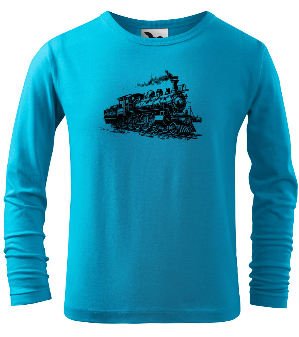 Dětské tričko s vlakem - Stará lokomotiva (dlouhý rukáv) Velikost: 4 roky / 110 cm, Barva: Tyrkysová (44), Délka rukávu: Dlouhý rukáv