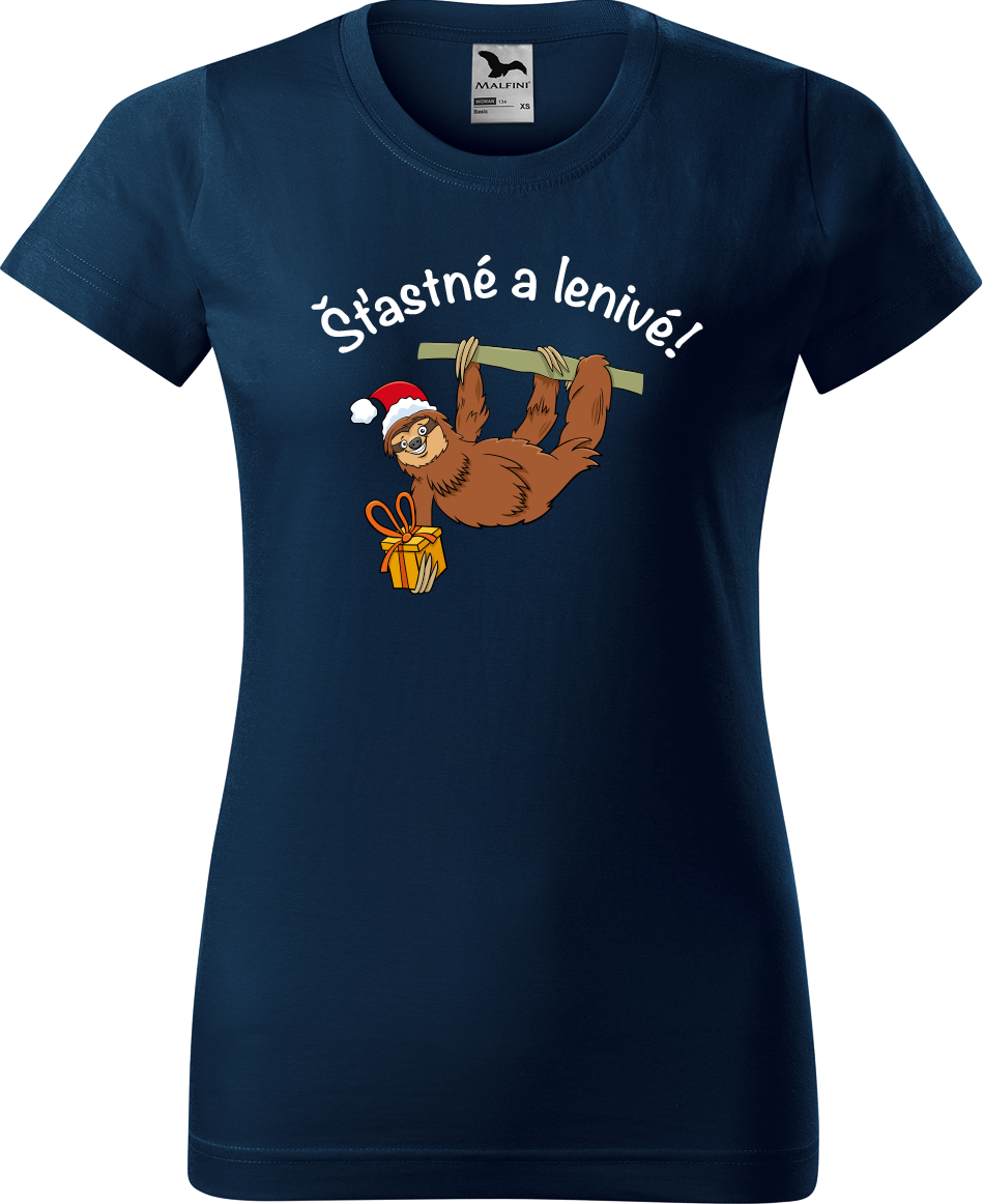 Dámské vánoční tričko - Šťastné a lenivé! Velikost: XL, Barva: Námořní modrá (02)