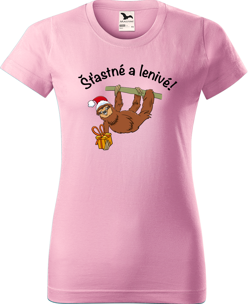 Dámské vánoční tričko - Šťastné a lenivé! Velikost: M, Barva: Růžová (30)