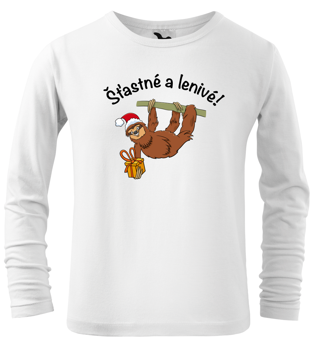 Dětské vánoční tričko - Šťastné a lenivé! (dlouhý rukáv) Velikost: 4 roky / 110 cm, Barva: Bílá (00), Délka rukávu: Dlouhý rukáv