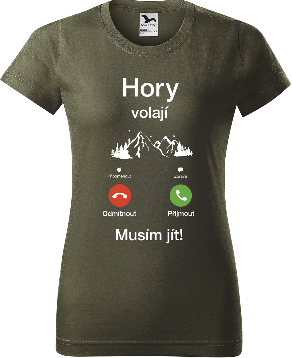 Dámské tričko na hory - Hory volají, musím jít (telefon) Velikost: S, Barva: Military (69)