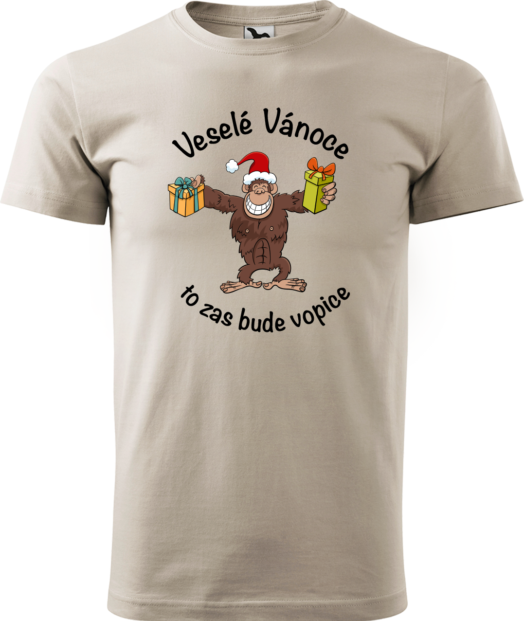 Pánské vánoční tričko - Veselé Vánoce to zas bude vopice (hnědý opičák) Velikost: M, Barva: Béžová (51)
