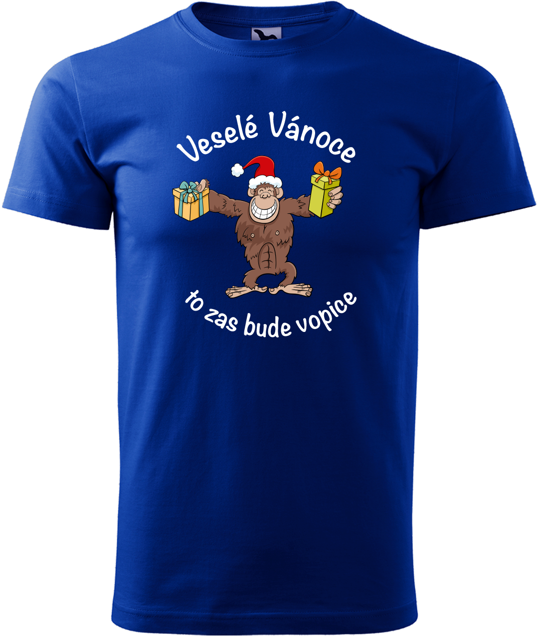 Pánské vánoční tričko - Veselé Vánoce to zas bude vopice (hnědý opičák) Velikost: S, Barva: Královská modrá (05)
