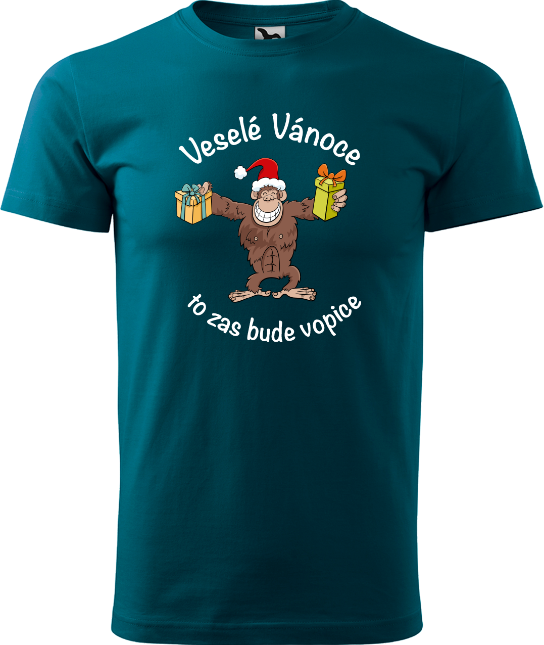 Pánské vánoční tričko - Veselé Vánoce to zas bude vopice (hnědý opičák) Velikost: M, Barva: Petrolejová (93)