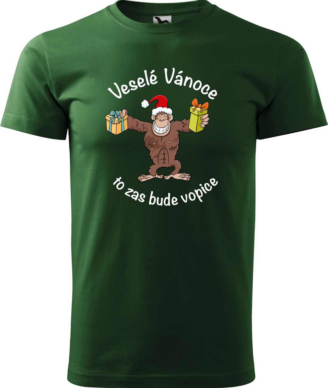 Pánské vánoční tričko - Veselé Vánoce to zas bude vopice (hnědý opičák) Velikost: 3XL, Barva: Lahvově zelená (06)