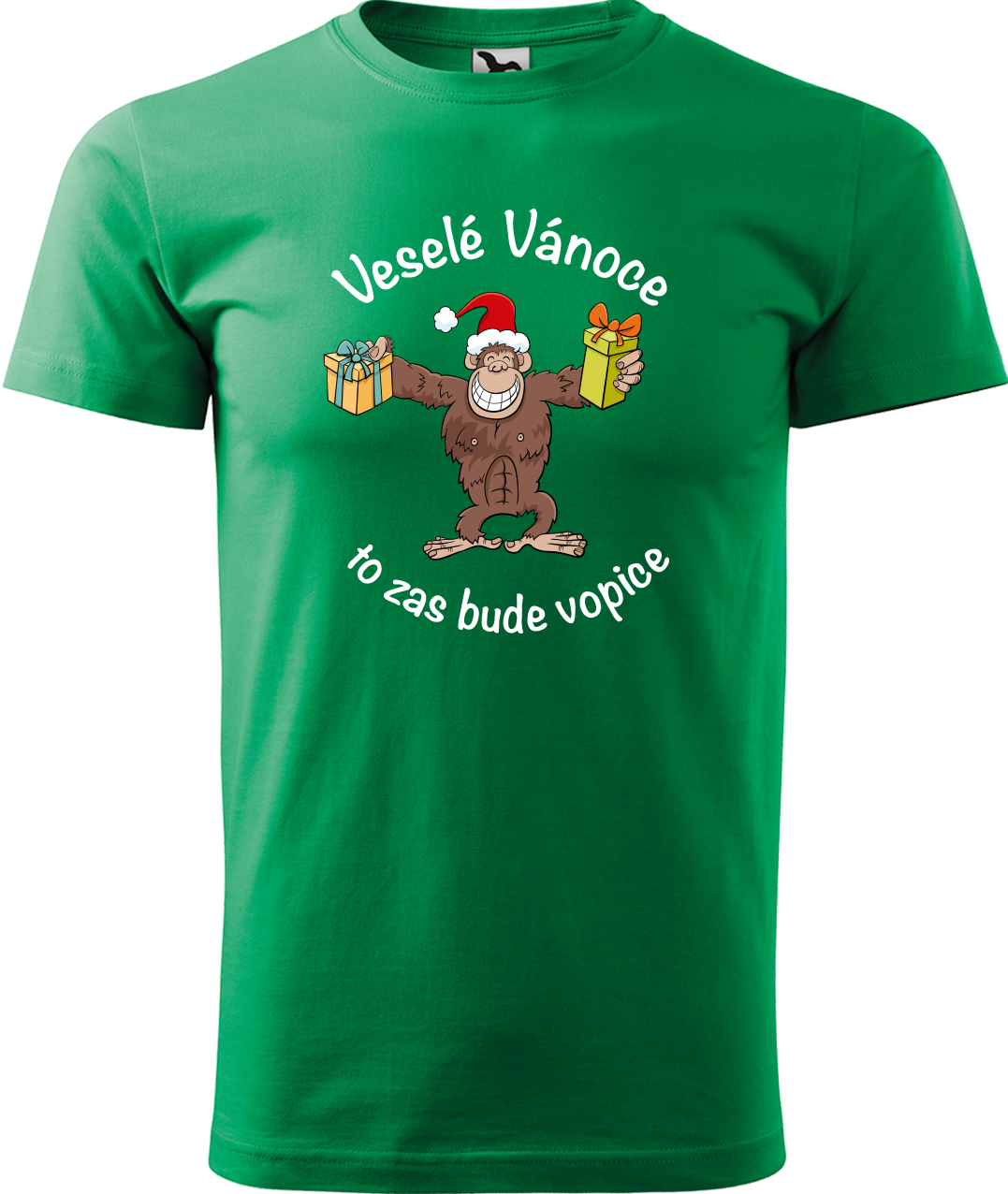 Pánské vánoční tričko - Veselé Vánoce to zas bude vopice (hnědý opičák) Velikost: L, Barva: Středně zelená (16)