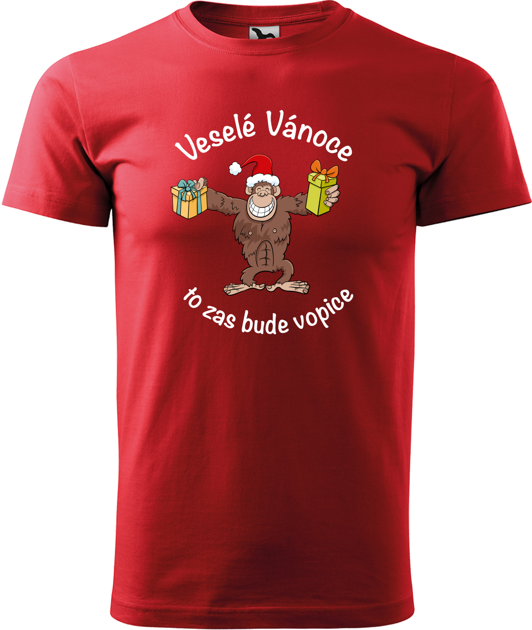 Pánské vánoční tričko - Veselé Vánoce to zas bude vopice (hnědý opičák) Velikost: 3XL, Barva: Červená (07)