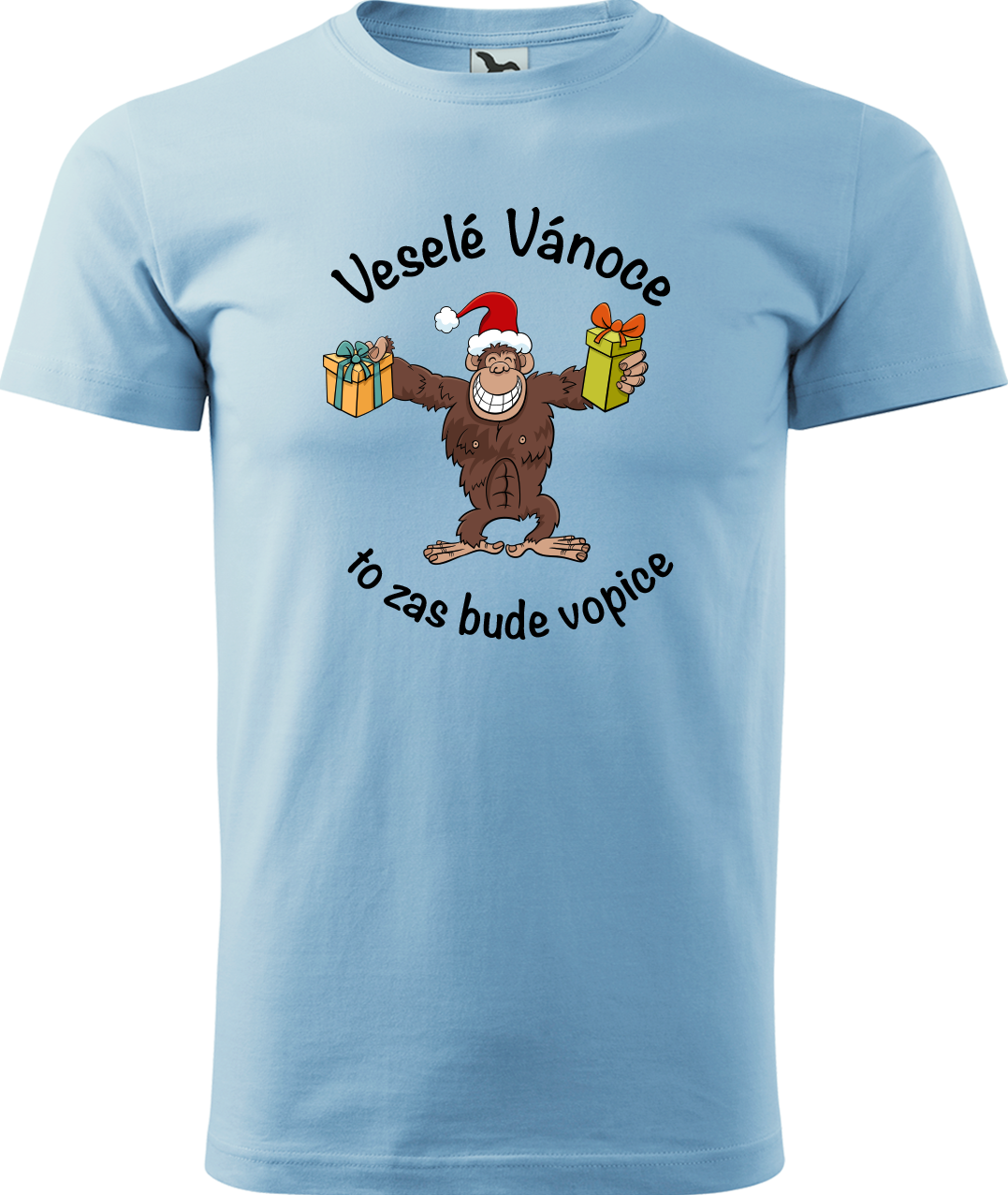 Pánské vánoční tričko - Veselé Vánoce to zas bude vopice (hnědý opičák) Velikost: XL, Barva: Nebesky modrá (15)