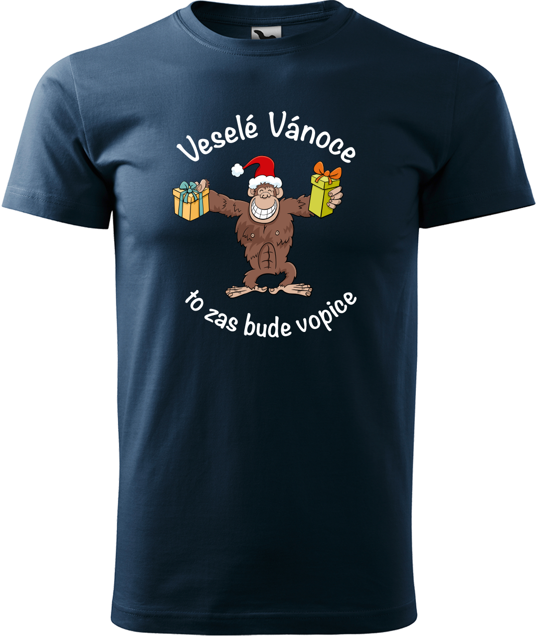 Pánské vánoční tričko - Veselé Vánoce to zas bude vopice (hnědý opičák) Velikost: XL, Barva: Námořní modrá (02)
