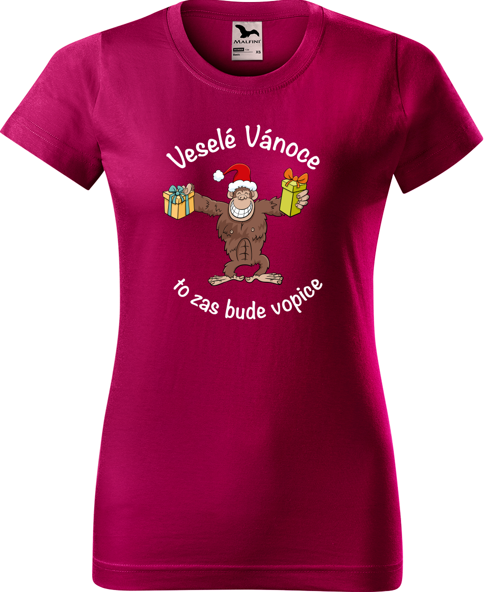 Dámské vánoční tričko - Veselé Vánoce to zas bude vopice (hnědý opičák) Velikost: M, Barva: Fuchsia red (49)