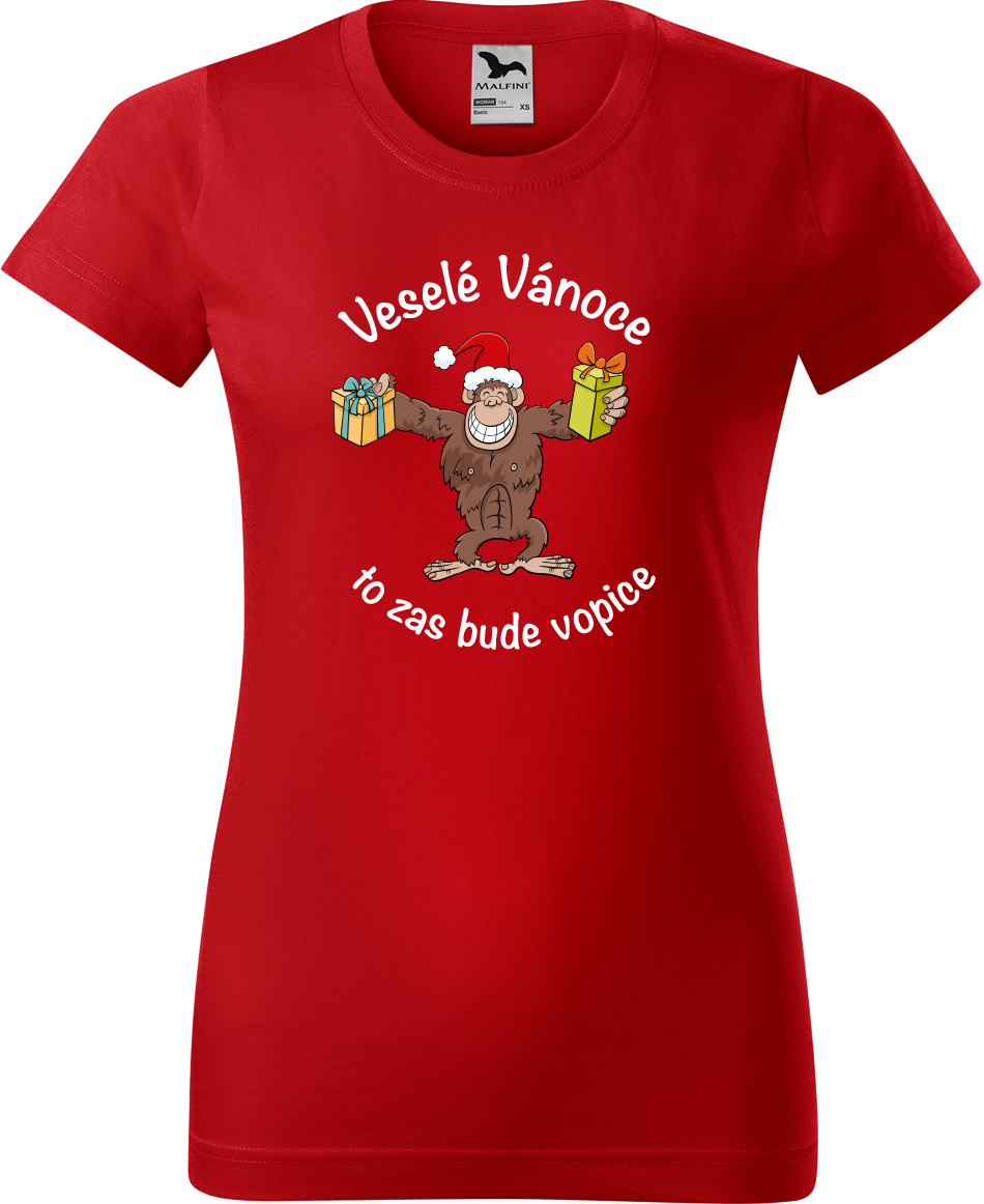 Dámské vánoční tričko - Veselé Vánoce to zas bude vopice (hnědý opičák) Velikost: L, Barva: Červená (07)