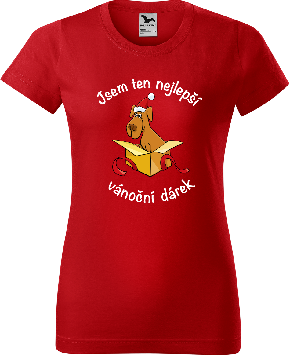 Dámské vánoční tričko - Jsem ten nejlepší vánoční dárek (pes) Velikost: XL, Barva: Červená (07)