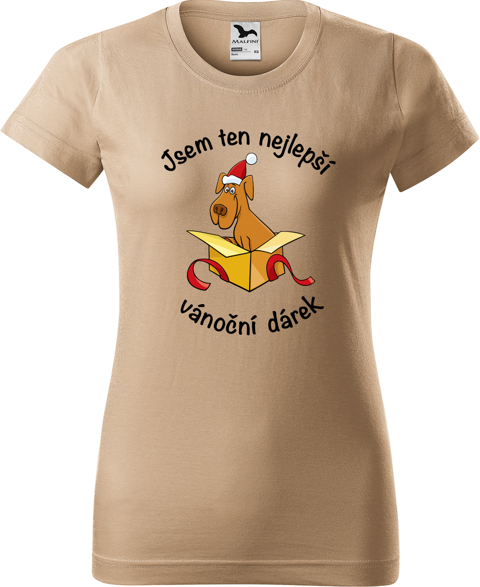Dámské vánoční tričko - Jsem ten nejlepší vánoční dárek (pes) Velikost: L, Barva: Béžová (51)