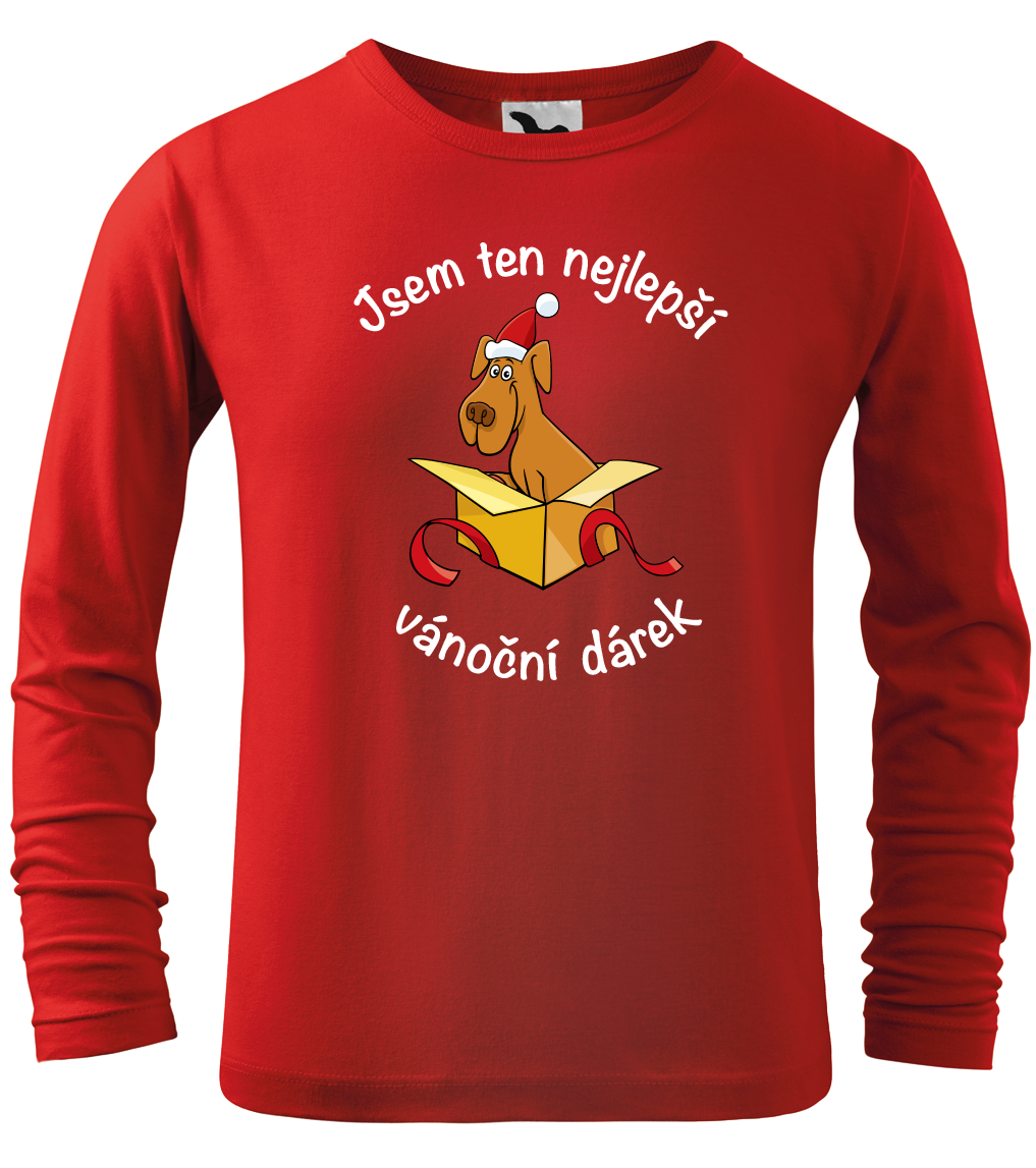 Dětské vánoční tričko - Jsem ten nejlepší vánoční dárek (pes - dlouhý rukáv) Velikost: 4 roky / 110 cm, Barva: Červená (07), Délka rukávu: Dlouhý…
