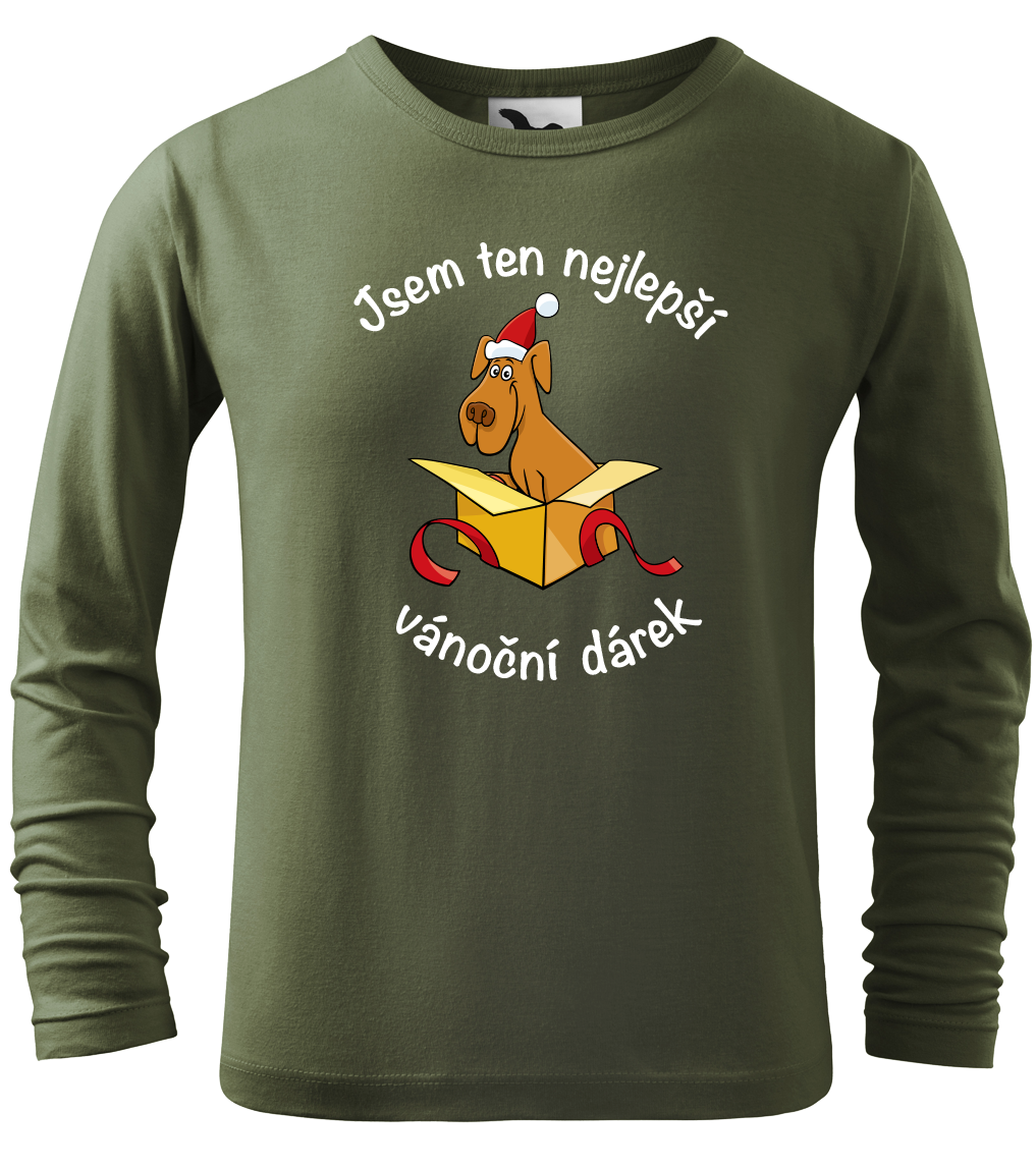 Dětské vánoční tričko - Jsem ten nejlepší vánoční dárek (pes - dlouhý rukáv) Velikost: 10 let / 146 cm, Barva: Military (69), Délka rukávu: Dlouhý…