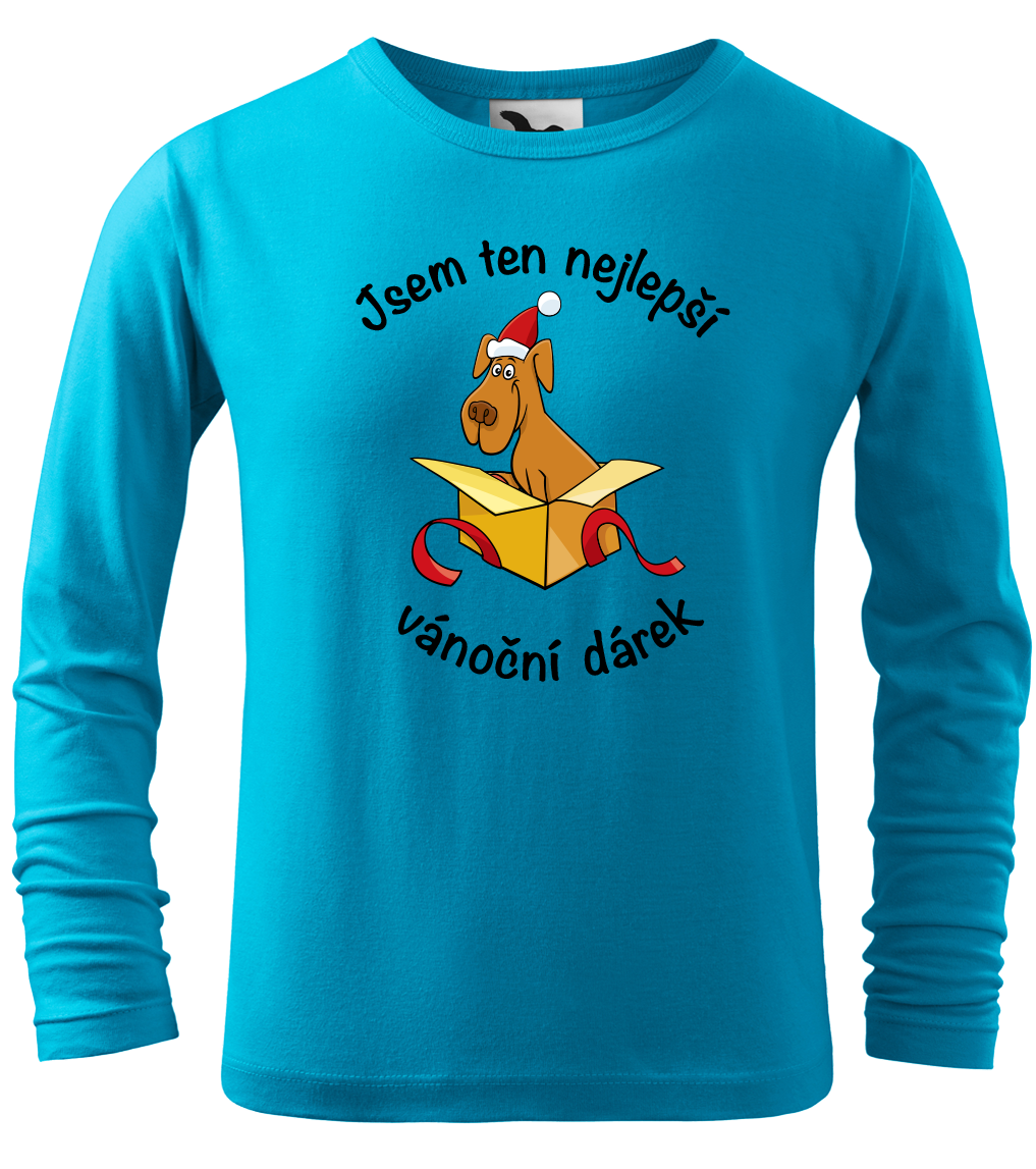 Dětské vánoční tričko - Jsem ten nejlepší vánoční dárek (pes - dlouhý rukáv) Velikost: 12 let / 158 cm, Barva: Tyrkysová (44), Délka rukávu: Dlouhý…
