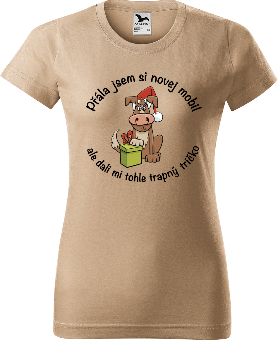 Dámské vánoční tričko - Přála jsem si novej mobil Velikost: S, Barva: Béžová (51)