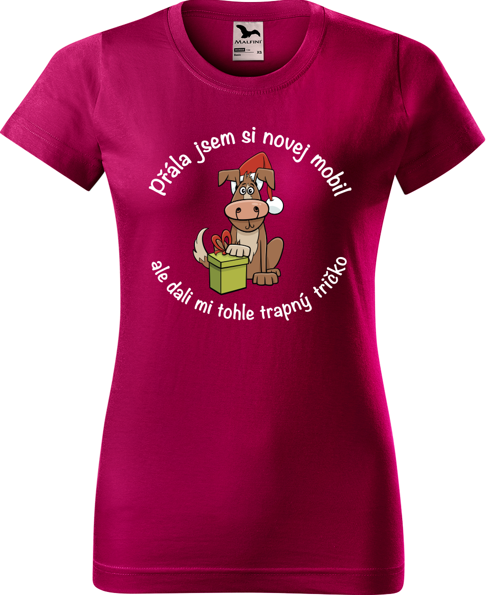Dámské vánoční tričko - Přála jsem si novej mobil Velikost: L, Barva: Fuchsia red (49)