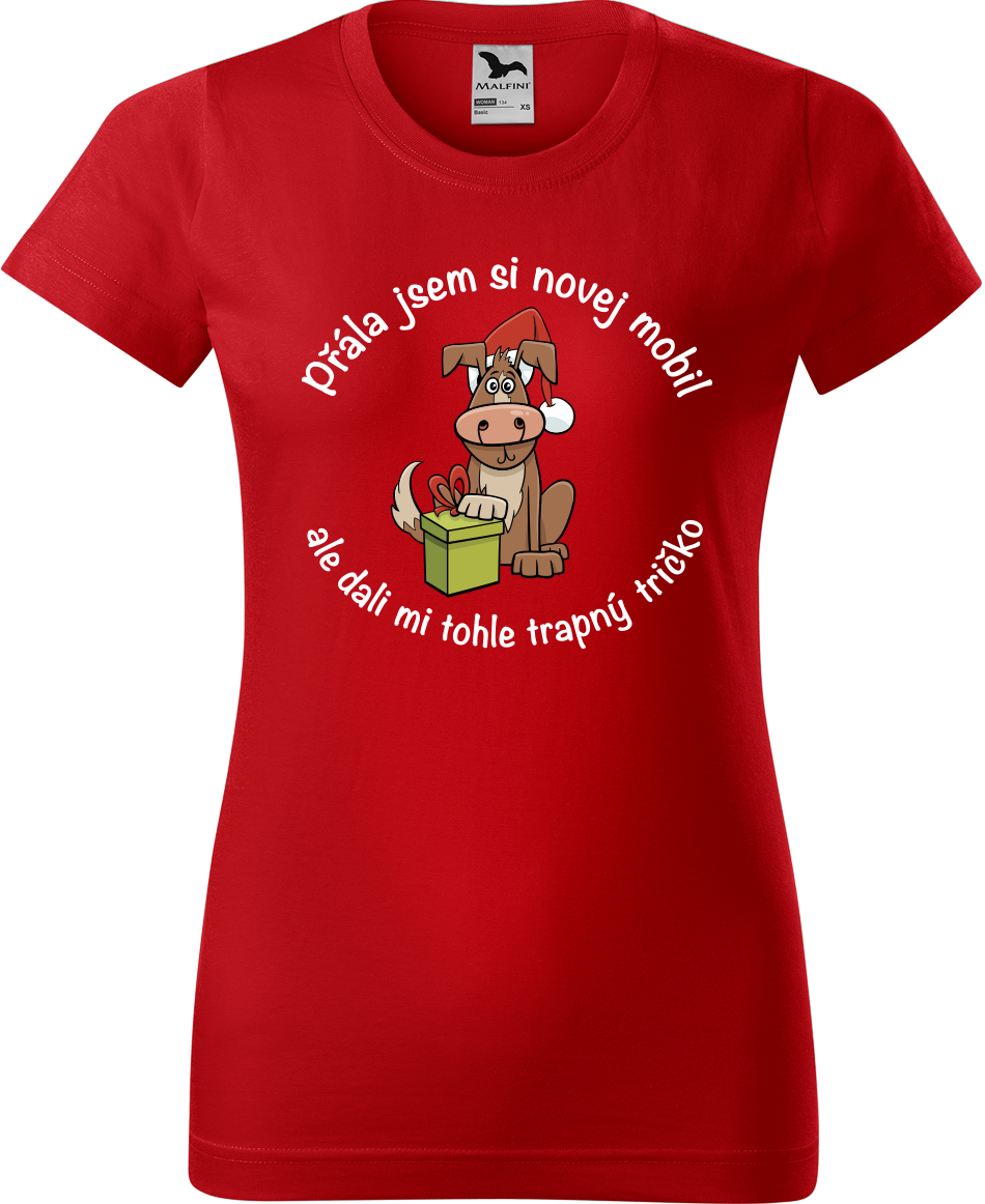 Dámské vánoční tričko - Přála jsem si novej mobil Velikost: L, Barva: Červená (07)