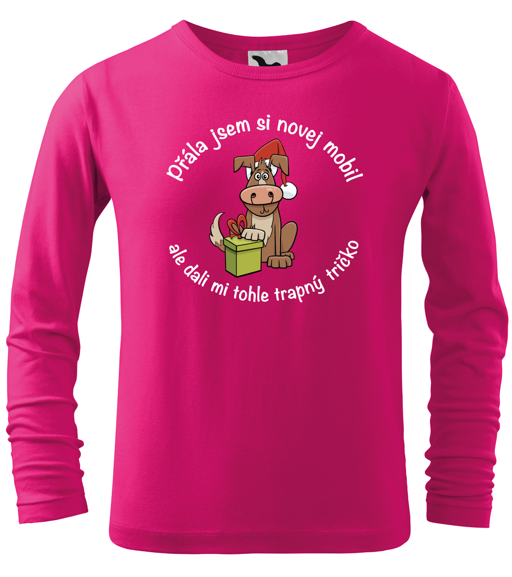 Dětské vánoční tričko - Přála jsem si novej mobil (dlouhý rukáv) Velikost: 4 roky / 110 cm, Barva: Malinová (63), Délka rukávu: Dlouhý rukáv