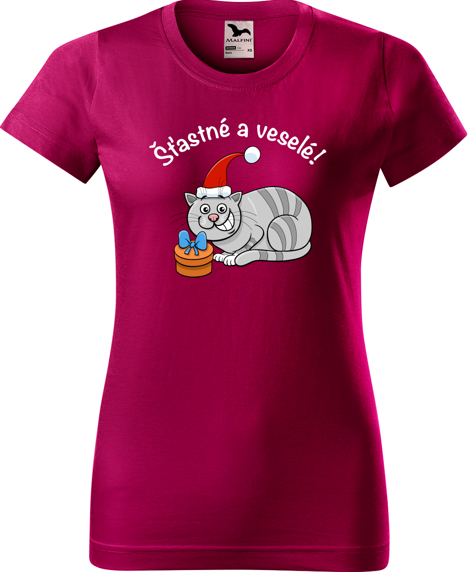 Dámské vánoční tričko - Šťastné a veselé Velikost: 2XL, Barva: Fuchsia red (49)