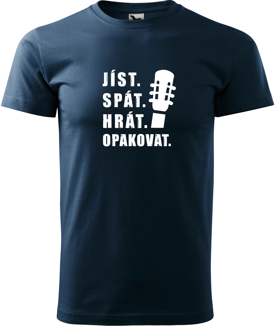 Pánské tričko s kytarou - Jíst, spát, hrát, opakovat. Velikost: L, Barva: Námořní modrá (02), Střih: pánský