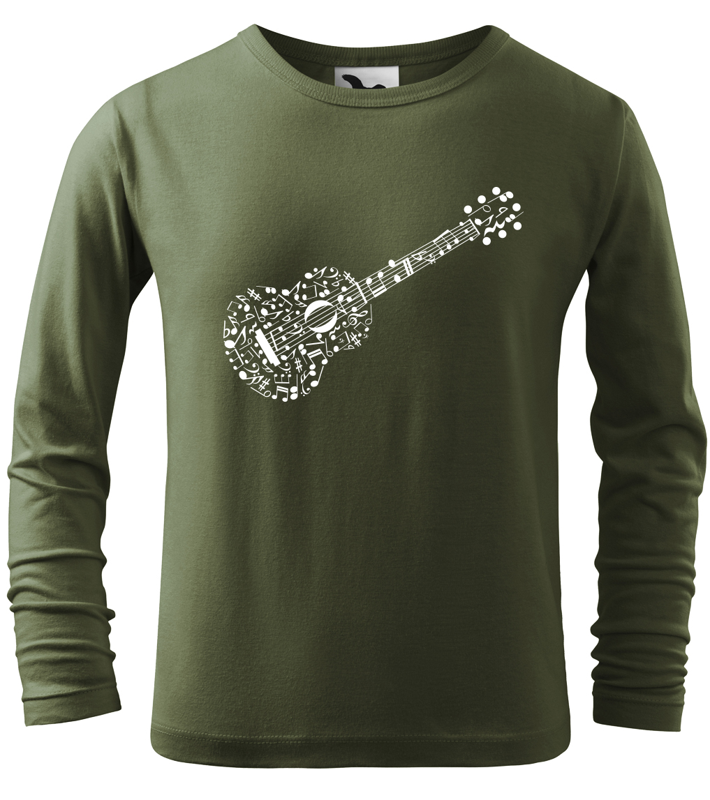 Dětské tričko s kytarou - Kytara z not (dlouhý rukáv) Velikost: 10 let / 146 cm, Barva: Khaki (09), Délka rukávu: Dlouhý rukáv