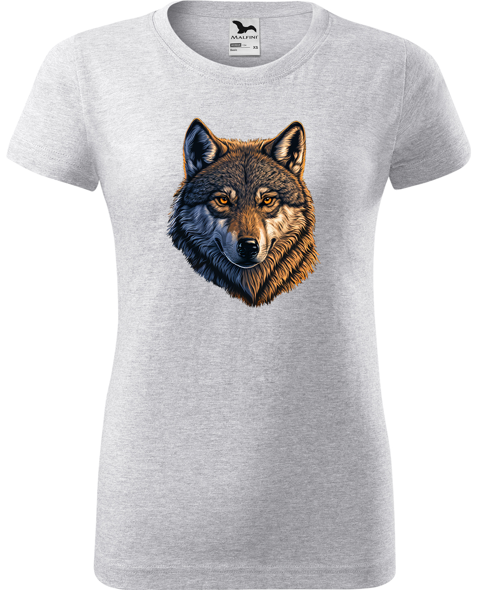Dámské tričko s vlkem - Hlava vlka Velikost: L, Barva: Světle šedý melír (03)