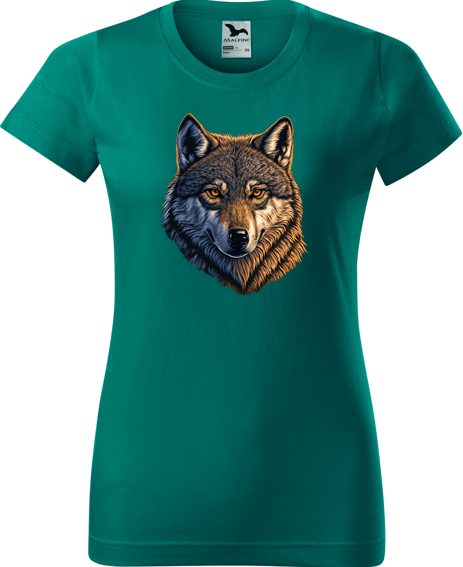 Dámské tričko s vlkem - Hlava vlka Velikost: L, Barva: Emerald (19), Střih: dámský