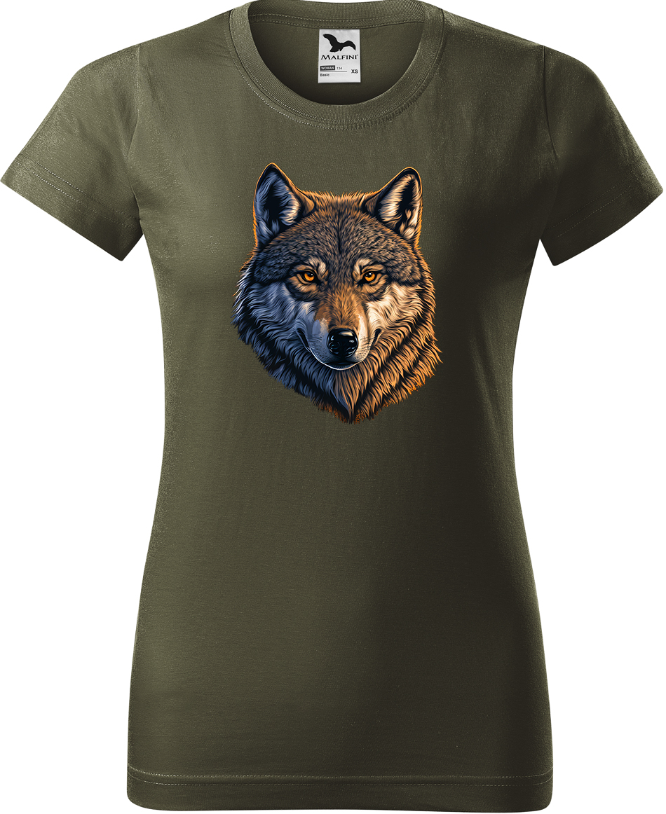 Dámské tričko s vlkem - Hlava vlka Velikost: XL, Barva: Military (69), Střih: dámský