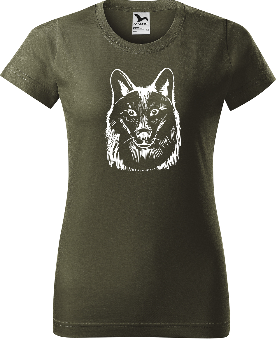 Dámské tričko s vlkem - Kresba vlka Velikost: M, Barva: Military (69), Střih: dámský